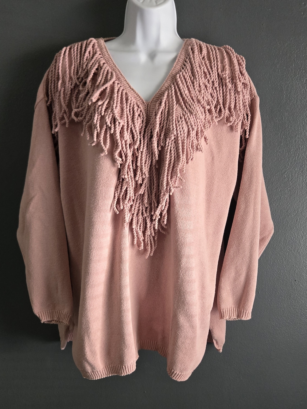 Vintage Cotton Fringe V-Neck Dusty Rose Coquette Shabby Chic Boho Sweater 2X